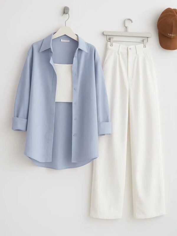 SKY BLUE BUTTON DOWN SHIRT WITH WHITE WIDE LEG JEANS