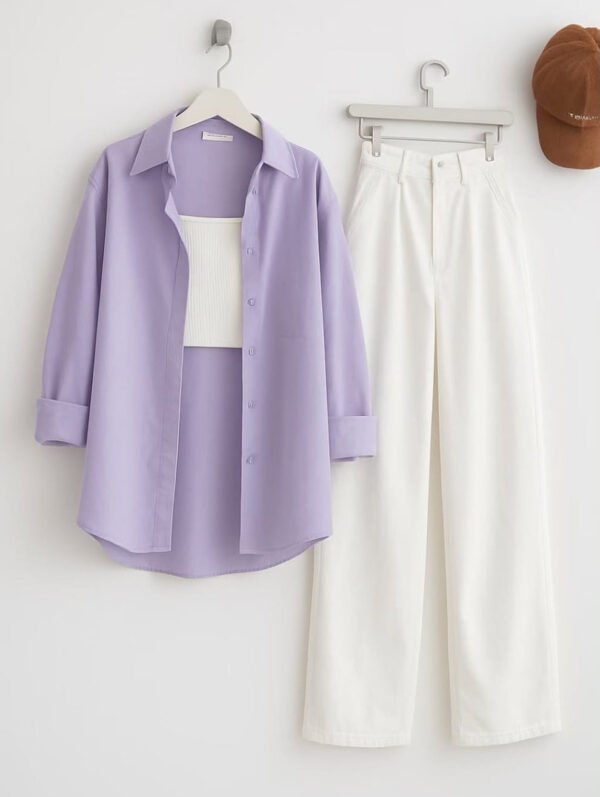 LAVENDAR BUTTON DOWN SHIRT WITH WHITE WIDE LEG JEANS