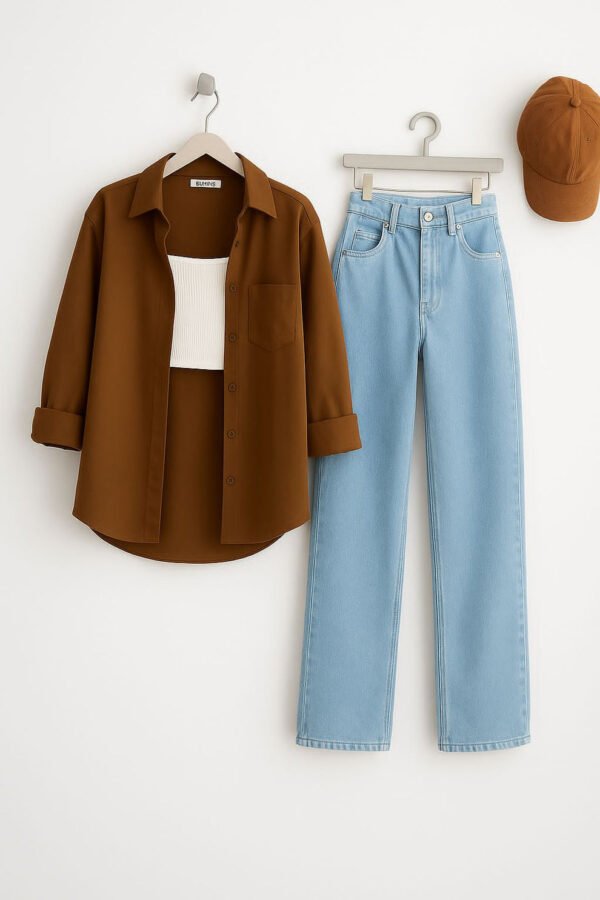 BROWN BUTTON DOWN SHIRT WITH SKY BLUE WIDE LEG JEANS