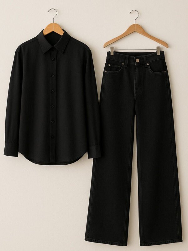 BLACK BUTTON DOWN SHIRT WITH BLACK WIDE LEG JEANS