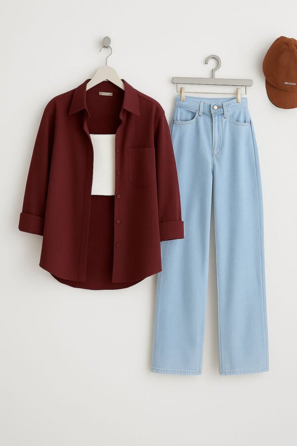 MAROON BUTTON DOWN SHIRT WITH SKY BLUE WIDE LEG JEANS