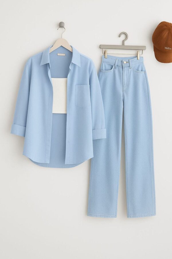 URBAN DEAL ICE BLUE BUTTON DOWN SHIRT WITH ICE BLUE WIDE LEG JEANS