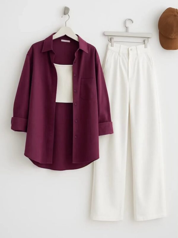 URBAN DEAL MAROON BUTTON DOWN SHIRT WITH SKY BLUE WIDE LEG JEANS