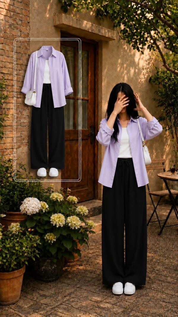 EFFORT LESS CHIC SET LAVENDAR BUTTON DOWN SHIRT WITH WIDE LEG PAJAMA