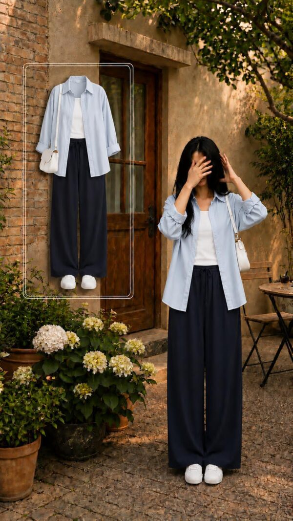 EFFORT LESS CHIC SET ICE BLUE BUTTON DOWN SHIRT WITH WIDE LEG PAJAMA