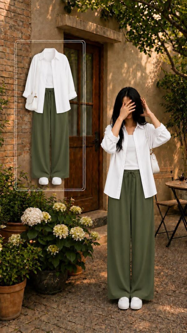 EFFORT LESS CHIC SET WHITE BUTTON DOWN SHIRT WITH WIDE LEG PAJAMA