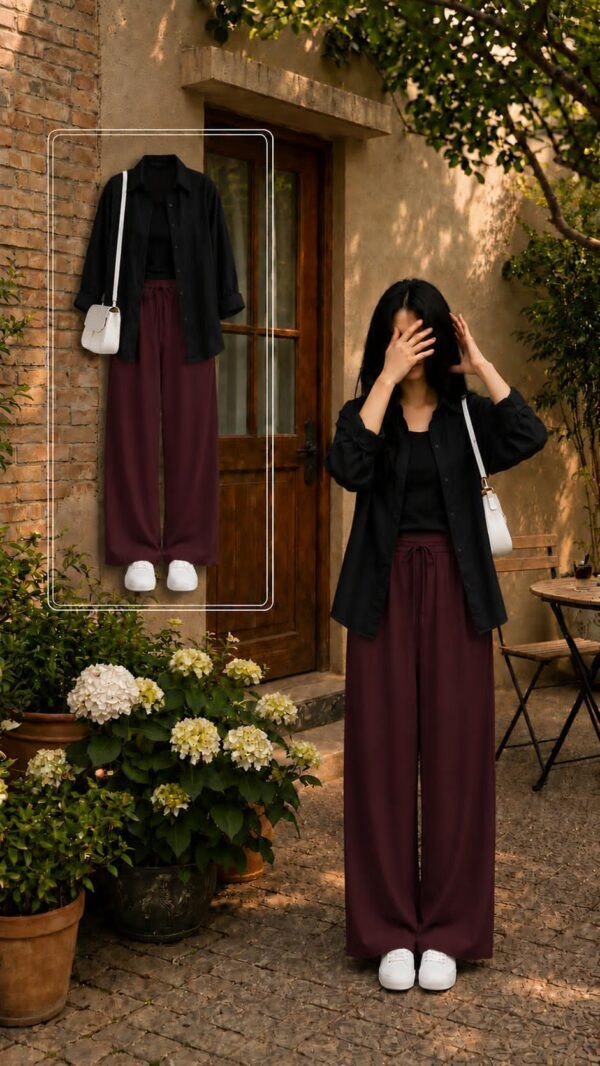 EFFORT LESS CHIC SET BLACK BUTTON DOWN SHIRT WITH WIDE LEG PAJAMA