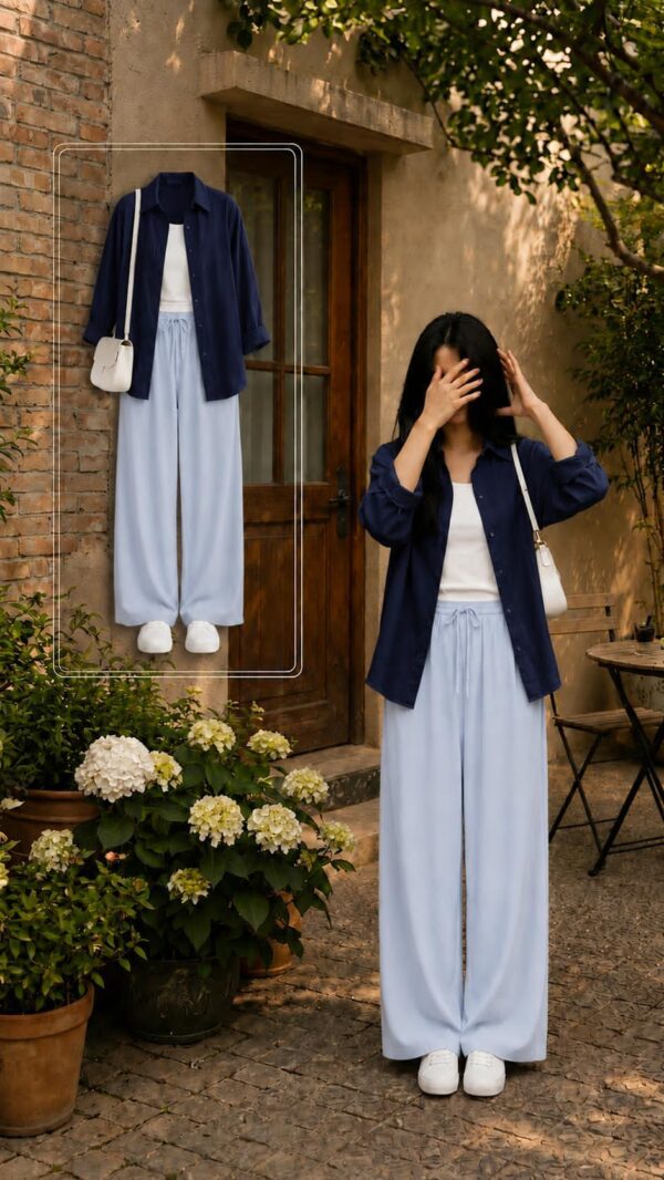 EFFORT LESS CHIC SET NAVY BLUE BUTTON DOWN SHIRT WITH WIDE LEG PAJAMA
