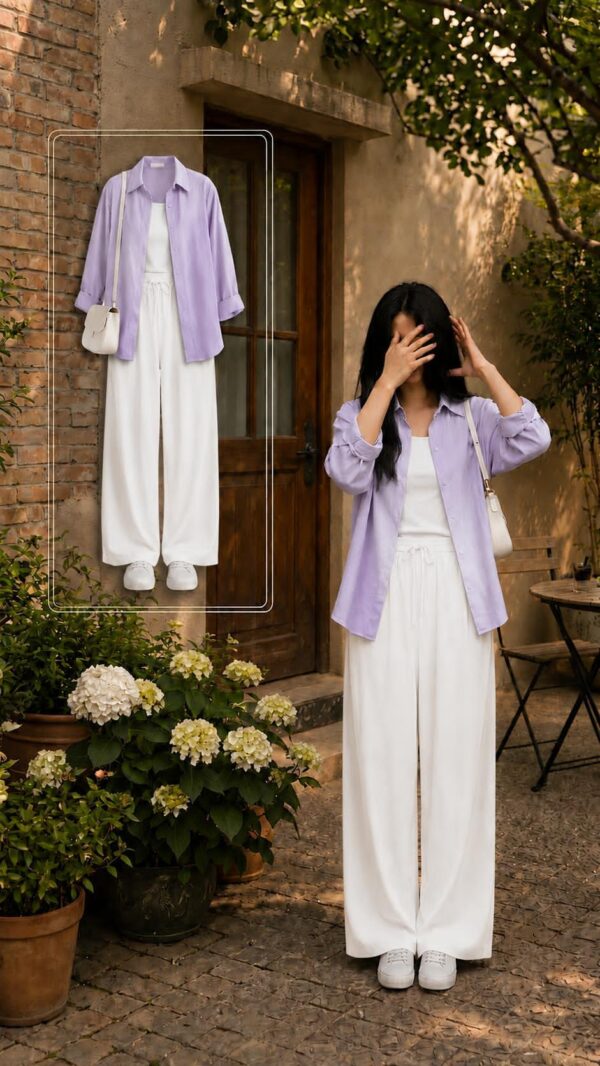 EFFORT LESS CHIC SET LAVENDAR BUTTON DOWN SHIRT WITH WIDE LEG PAJAMA