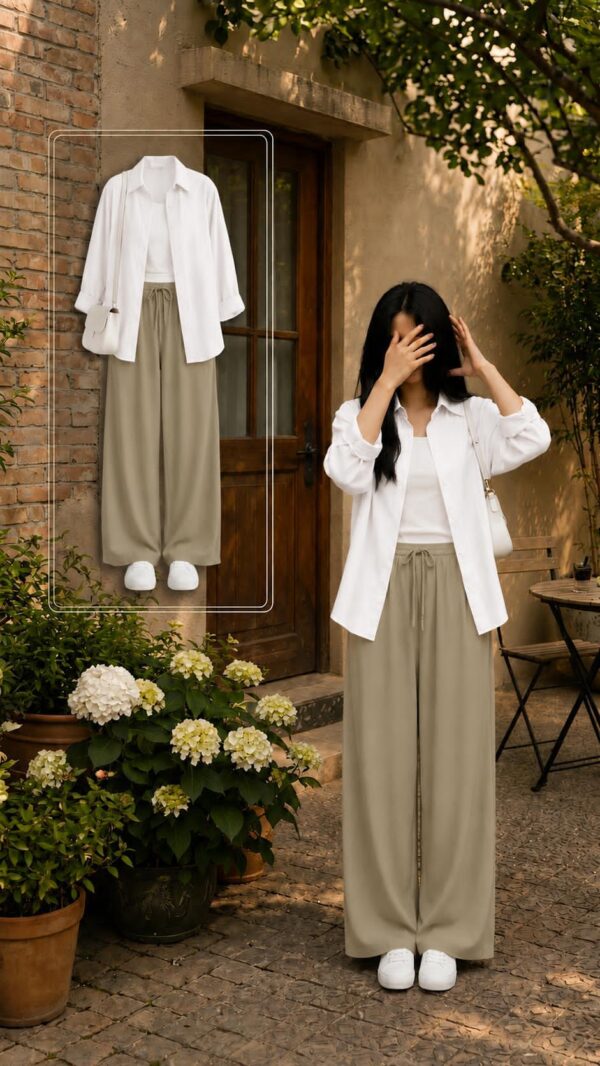 EFFORT LESS CHIC SET WHITE BUTTON DOWN SHIRT WITH WIDE LEG PAJAMA