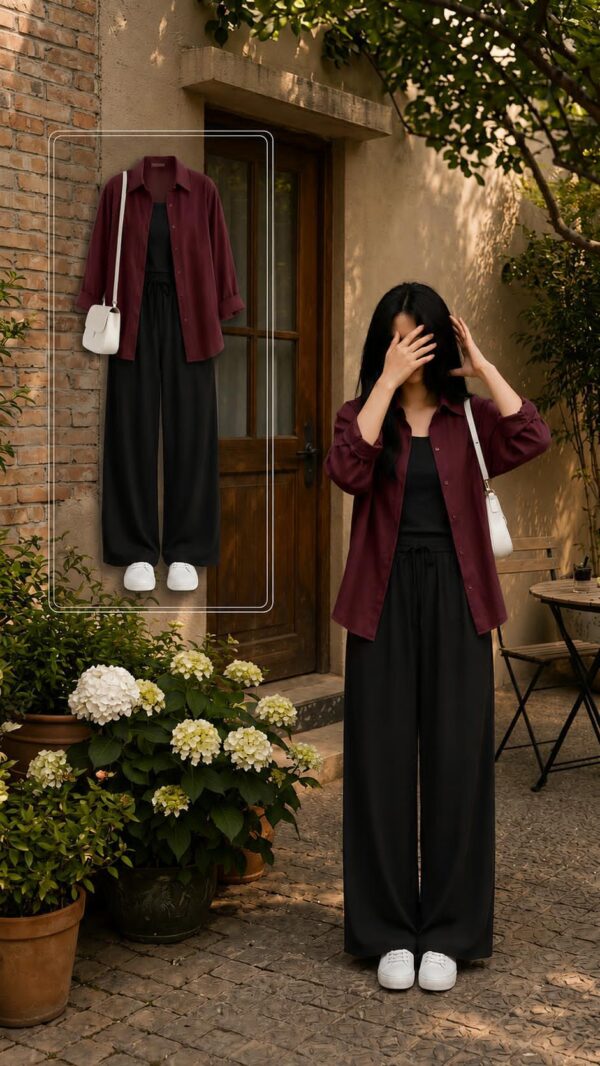 EFFORT LESS CHIC SET MAROON BUTTON DOWN SHIRT WITH WIDE LEG PAJAMA