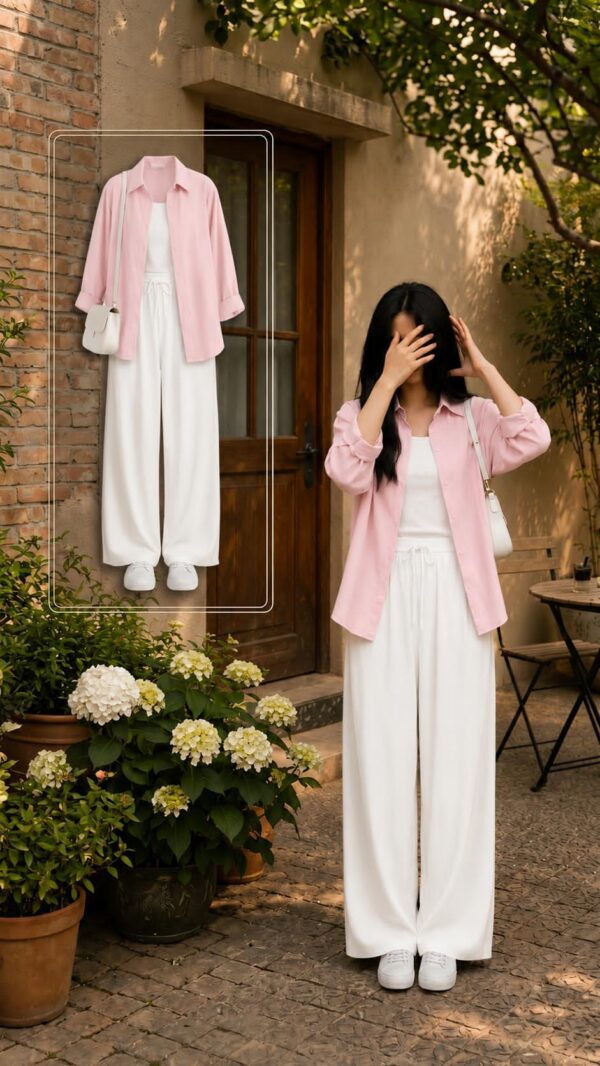 EFFORT LESS CHIC SET PINK BUTTON DOWN SHIRT WITH WIDE LEG PAJAMA