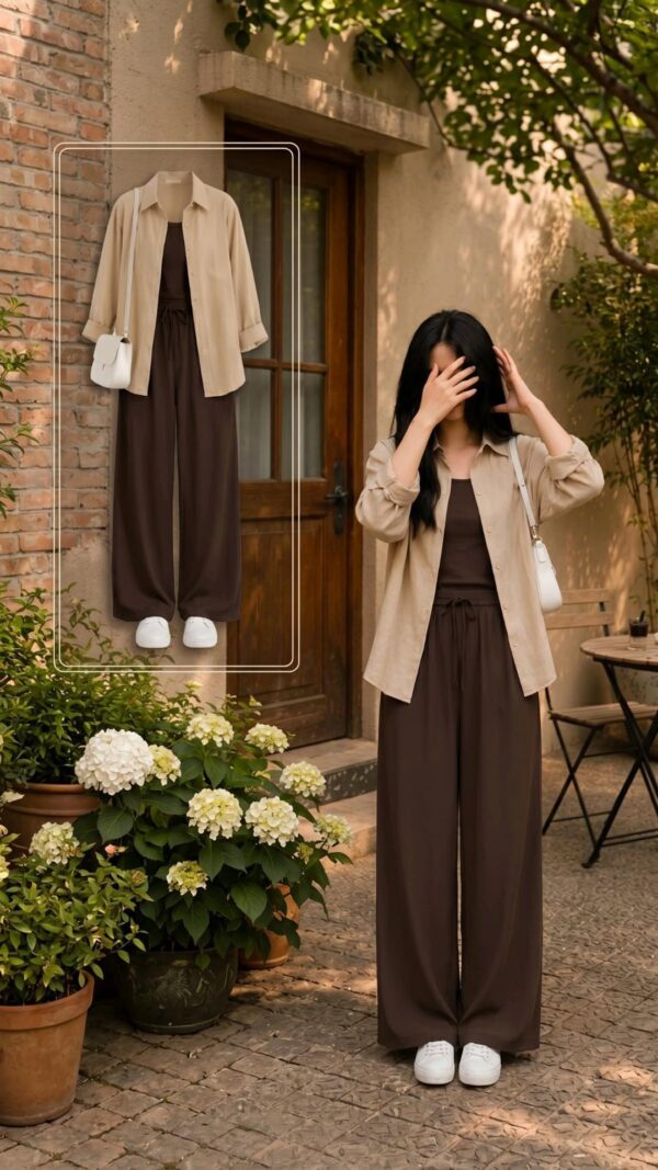EFFORT LESS CHIC SET SKIN BUTTON DOWN SHIRT WITH WIDE LEG PAJAMA