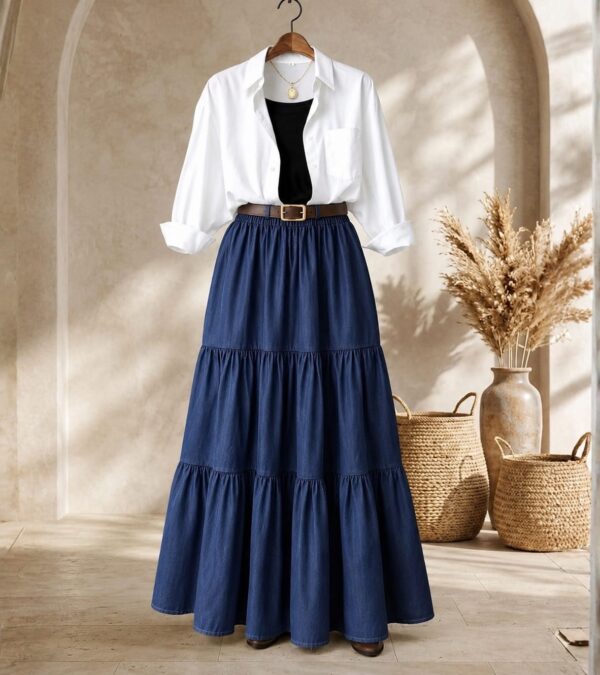 WHITE BUTTON DOWN SHIRT AND NAVY BLUE SKIRT COMBO