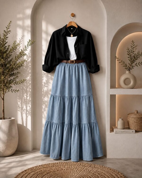 BLACK BUTTON DOWN SHIRT AND ICE BLUE BLUE SKIRT COMBO